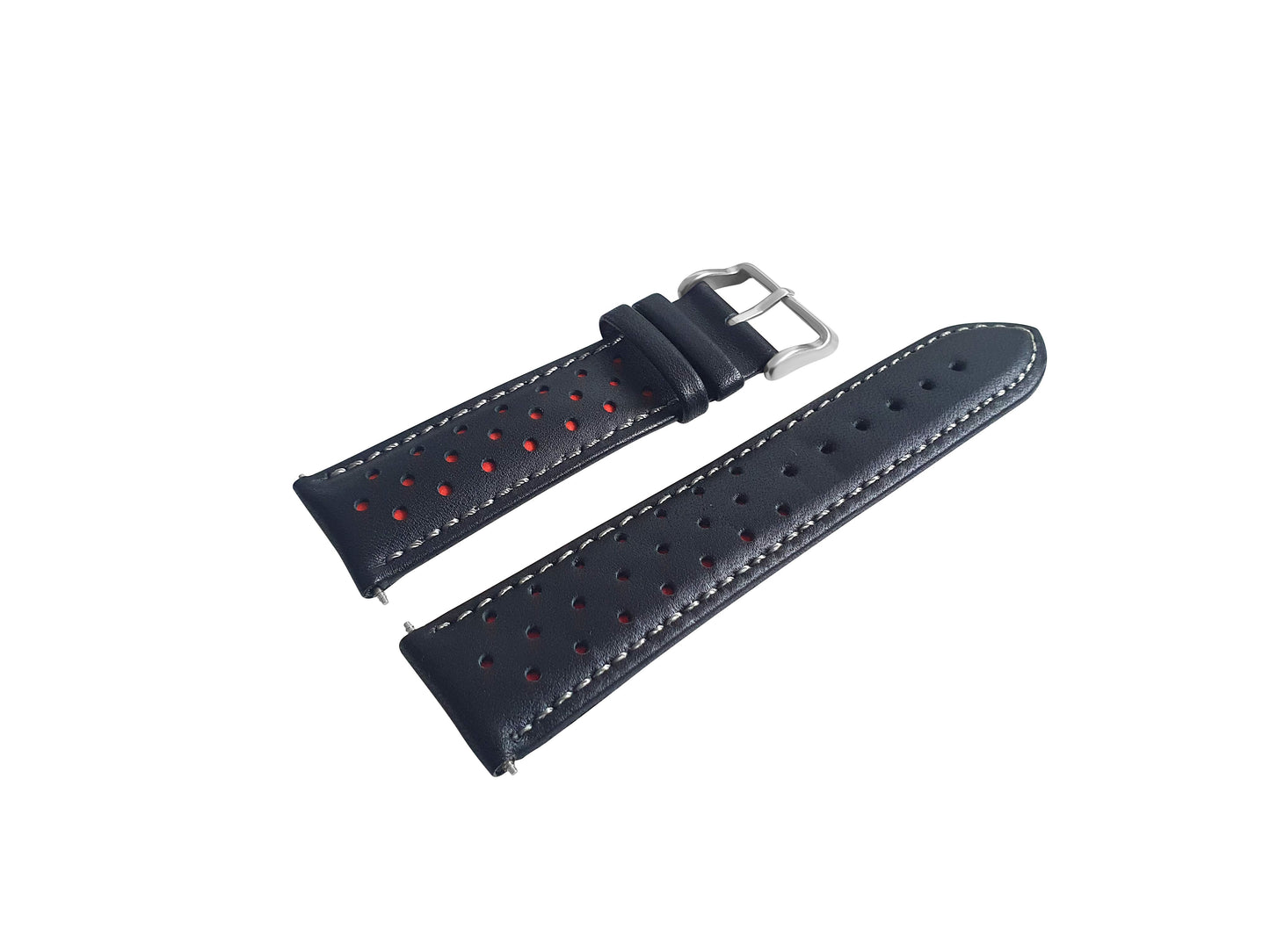 Black And Red Leather Rally Watch Strap, Silver Buckle