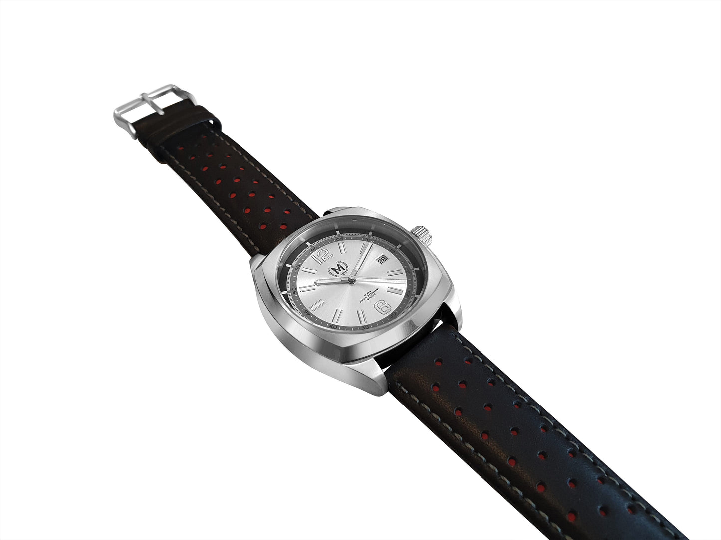 Silver Dial Driver, Black And Red Strap