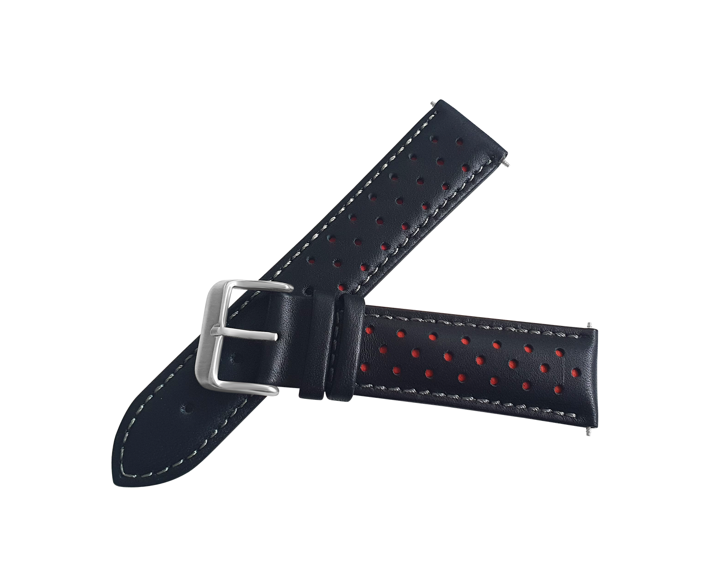 Black And Red Leather Rally Watch Strap, Silver Buckle