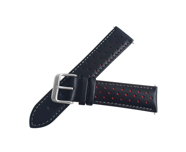 Black And Red Leather Rally Watch Strap, Silver Buckle