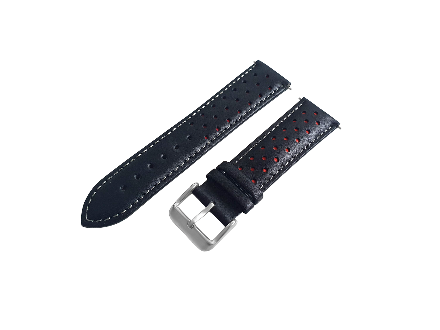 Black And Red Leather Rally Watch Strap, Silver Buckle