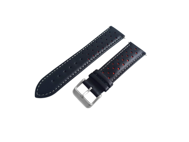 Black And Red Leather Rally Watch Strap, Silver Buckle