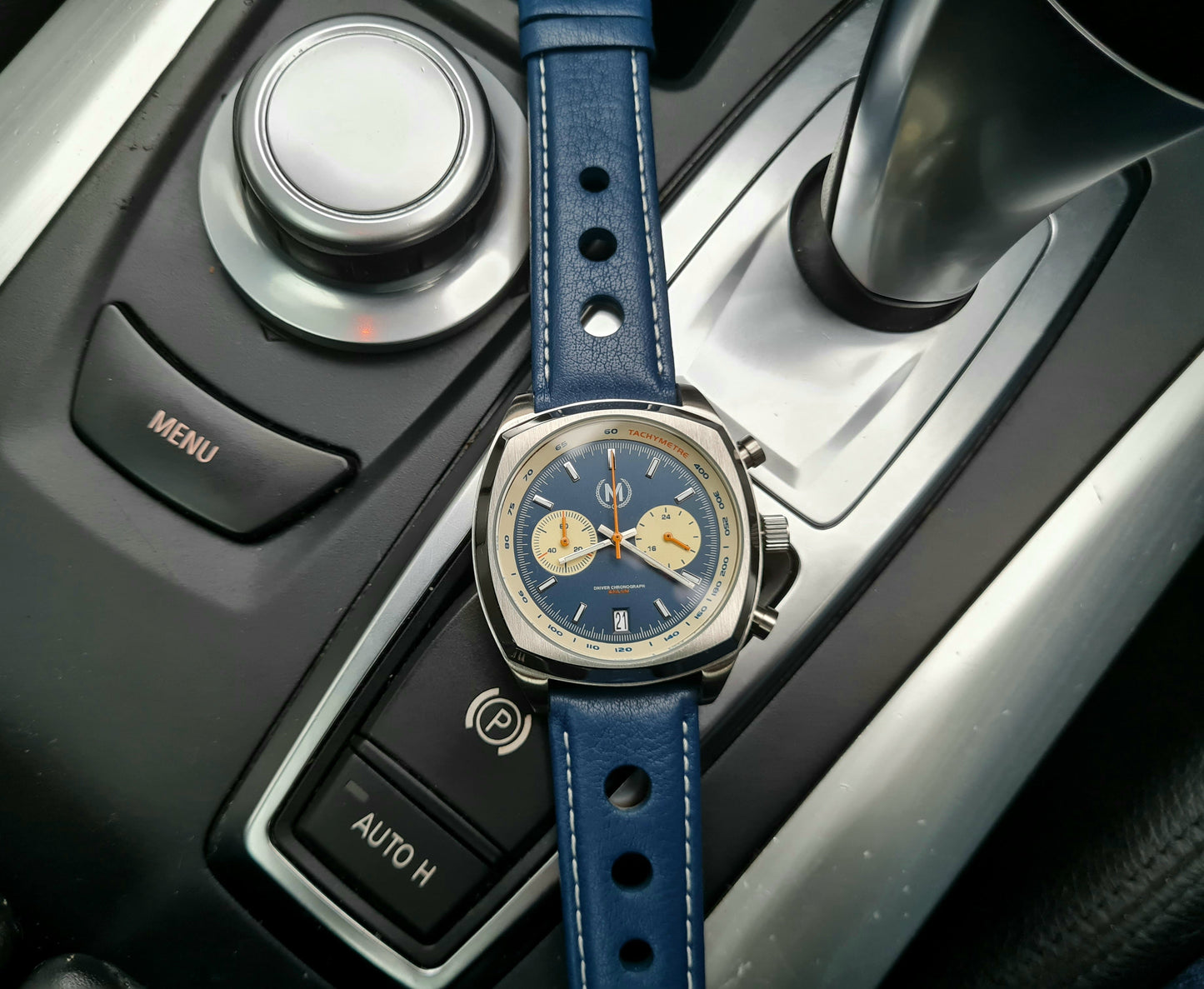Blue Leather Rally Hole Watch Strap