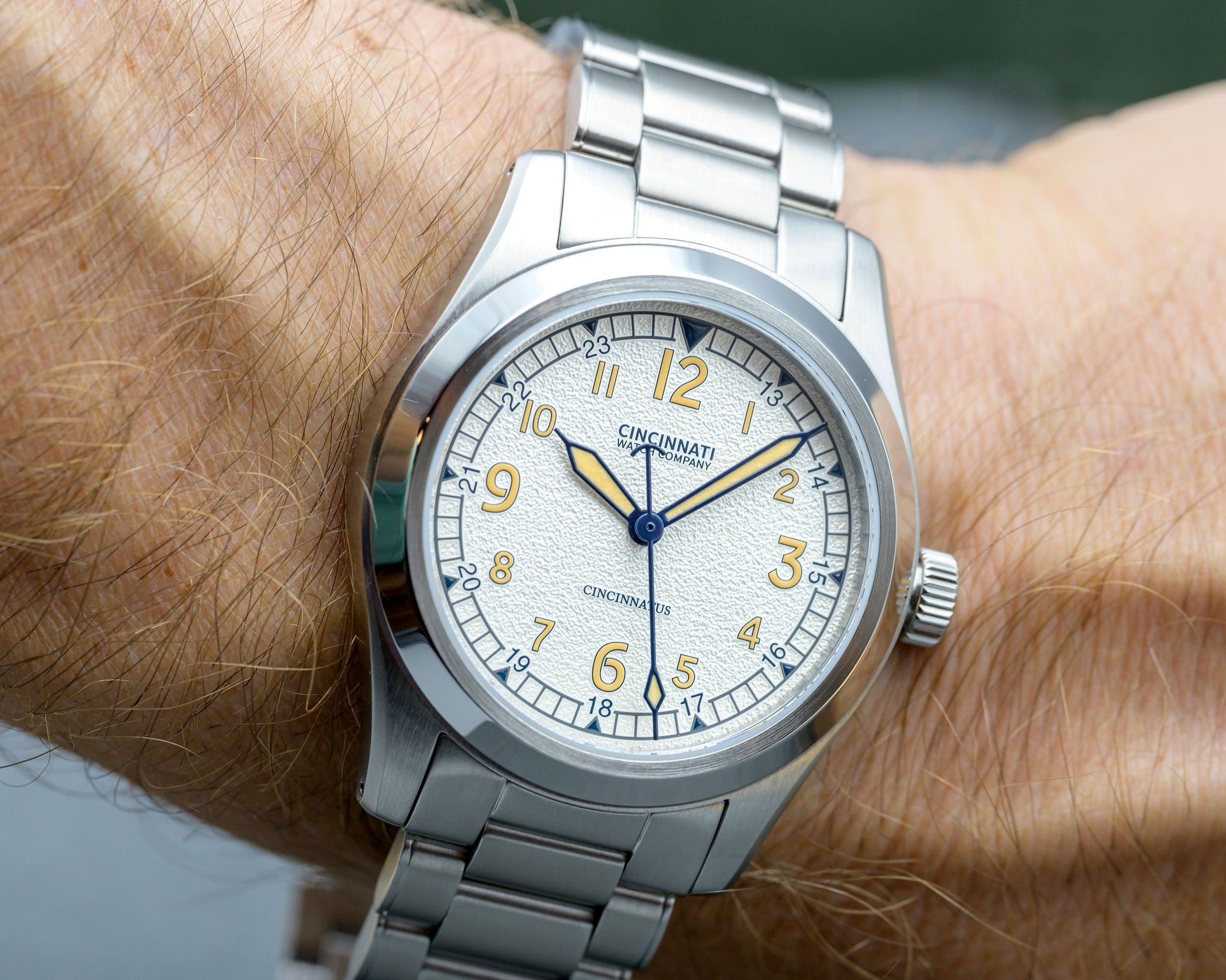 White dial field watch blue hands Assembled in the USA