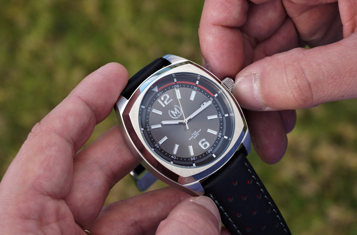 Black And Red Leather Rally Watch Strap, Silver Buckle