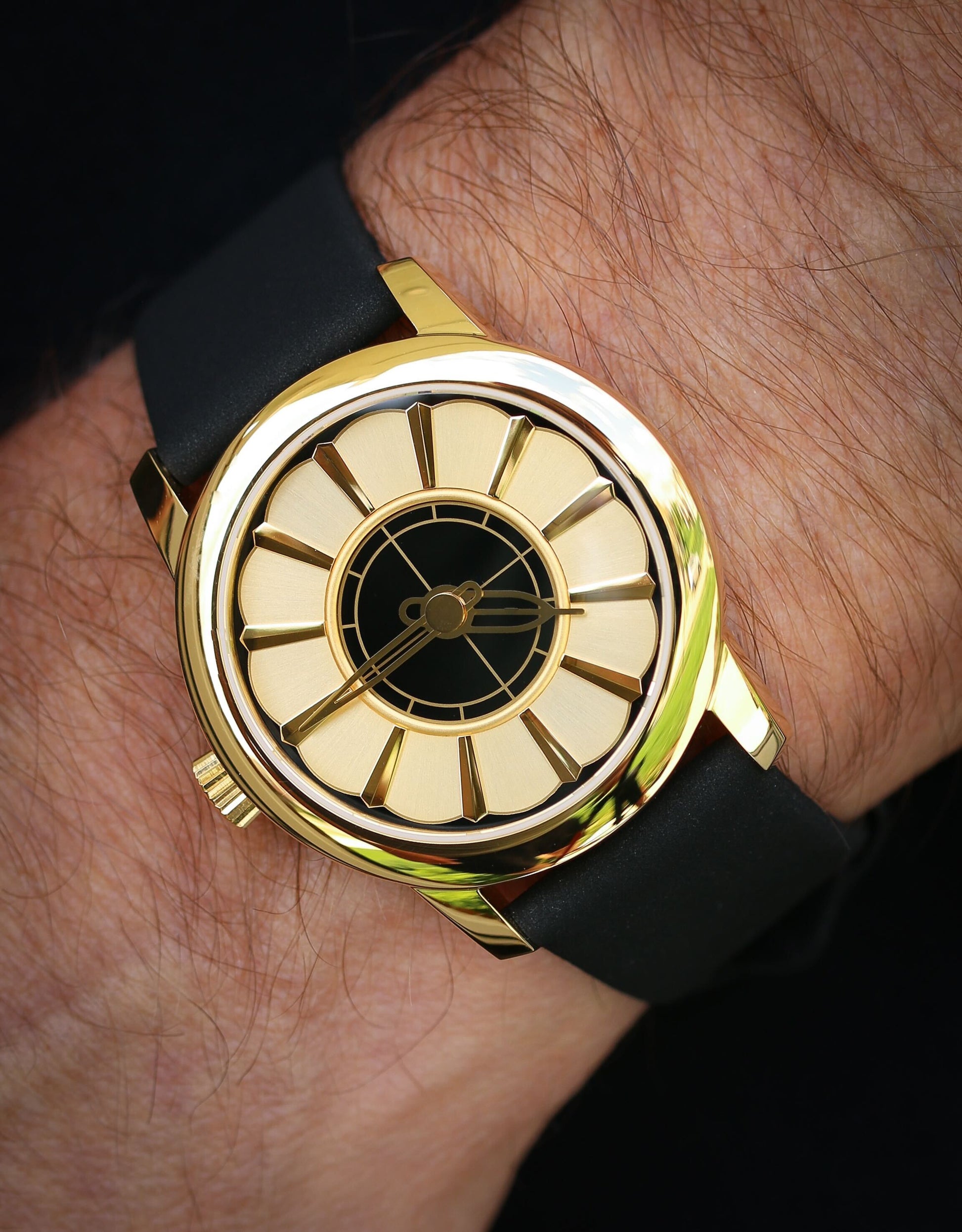 Gold PVD Union Terminal Art Deco Mechanical Watch on black strap