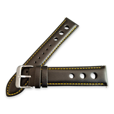 Black And Yellow Leather Rally Hole Watch Strap